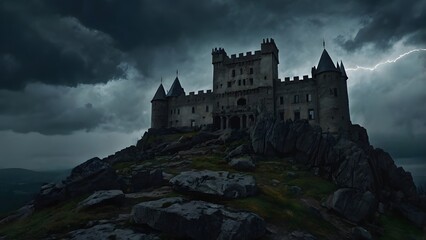 Gothic Haunted Castle on Rocky Cliff Under Stormy Sky