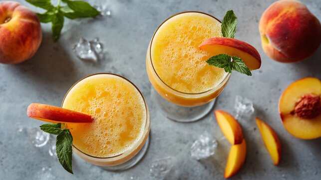 Flat lay of peach bellini cocktails with sliced fruit garnishes, styled as a sunset brunch