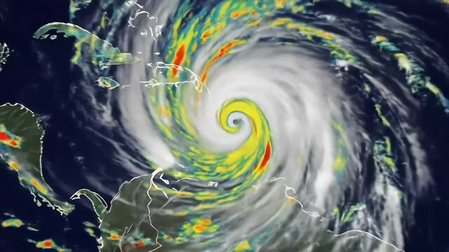 Aerial View of a Swirling Hurricane with a Visible Eye and Cloud Formations over Blue Waters