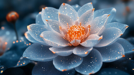 Fototapeta premium Close-up of Sparkling Blue Lotus with Orange Center