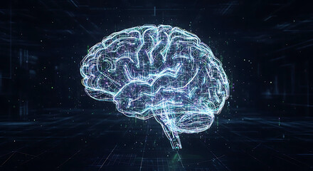 A futuristic digital human brain rendered with glowing particles and lines, representing artificial intelligence and advanced technology.
