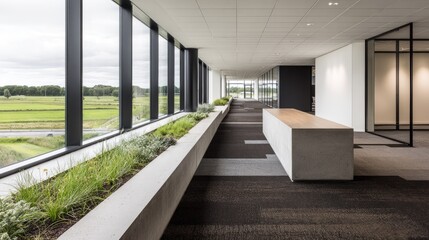 Obraz premium Modern office corridor with expansive windows and planters.