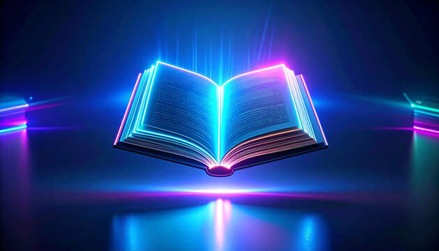 An open book radiates with vibrant blue and pink neon light, symbolizing the future of digital knowledge and education.