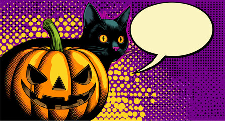 Black cat peeking over a carved jack-o'-lantern, stylized vector pop art background with bold purple and yellow, Halloween pop art poster with speech bubble