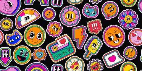 Psychedelic retro pop emoticon pattern on black background - groovy cartoon stickers with neon rainbow, smiling faces, flowers and symbols for funky wallpaper design, vintage aesthetic digital art.