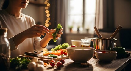 Woman preparing fresh vegetables in a kitchen setting with warm lighting vegetables and cooking utensils on a wooden table. Selective focus on hands and ingredients.
