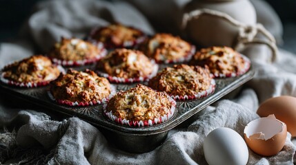 Flat lay of peach-studded muffins in a vintage tin, styled with linen and eggshell fragments