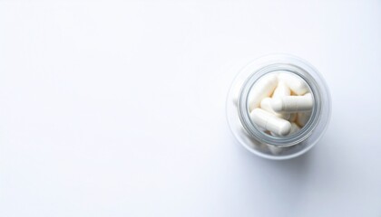 White capsules in a clear glass jar on a white background.