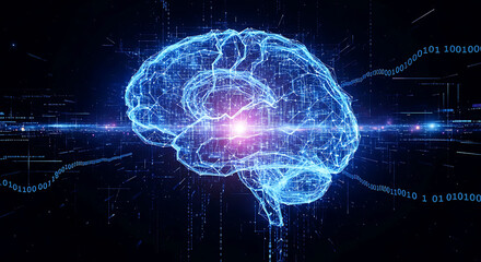 Glowing digital brain, neural network, data streams, technology concept.