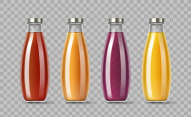 Colorful juice in glass bottles with metal caps - red, orange, purple and yellow fresh beverages. Transparent containers filled with vibrant drinks for packaging mockups. Fresh fruit juice collection