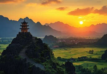 Obraz premium Stunning mountain landscape at sunset with pagoda.