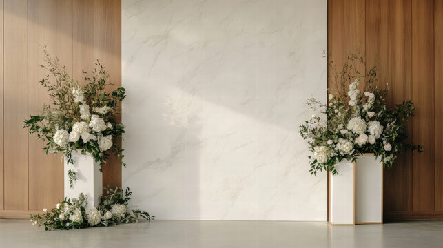 Modern wedding ceremony backdrop with sleek marble panel, wood wall, white floral arrangement