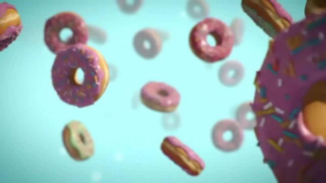 Sprinkled donuts falling blue background; food ad