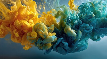 Abstract swirling teal and gold ink in water