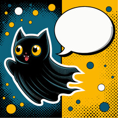 Floating black cat ghost with wobbly eyes in pop art Halloween scene, pop art vector with empty speech bubble