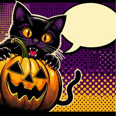 Hissing black cat over jack-o'-lantern, stylized pop art vector with speech bubble