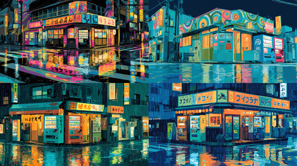 Vibrant neon-style night cityscape illustrations of Japanese urban streets with storefronts, glowing lights, and reflections, cyberpunk aesthetic.


