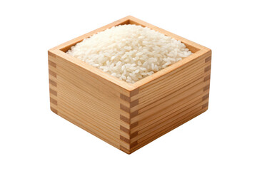 Wooden masu cup filled with white rice isolated on transparent background