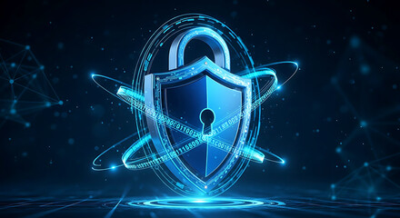Digital shield and padlock representing data protection and cybersecurity, glowing against a dark background.