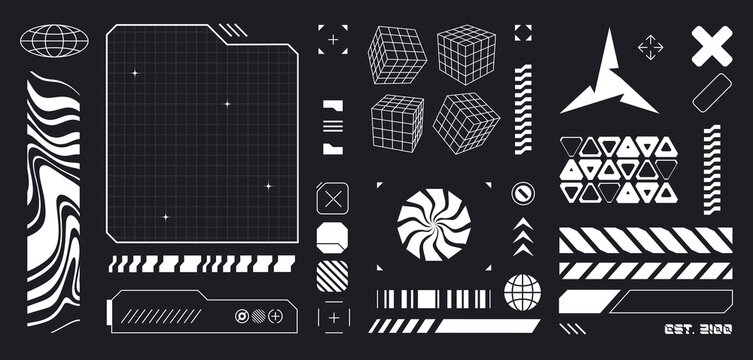 Cyberpunk HUD design elements in white on black - futuristic interface kit with grid wireframes, geometric shapes, digital patterns and tech symbols. Sci fi UI components. Data bars for game screens.