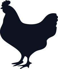 Flat black and white chicken hen silhouette in profile view. Ideal for farm branding, poultry packaging, butcher logos, and rustic animal designs.

