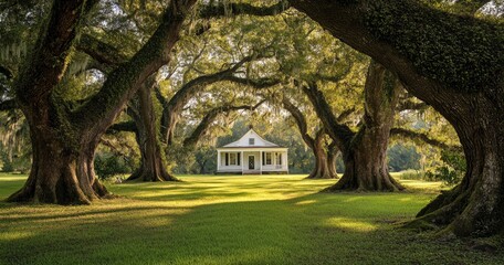 A white house nestled beneath sprawling oak trees in a sunlit field.