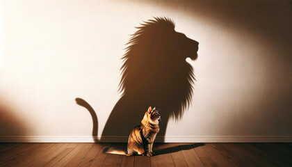 Inspirational image of small kitten casting a powerful lion shadow on the wall. Motivational posters, self-confidence campaigns, leadership visuals, growth mindset designs. Empowering branding.