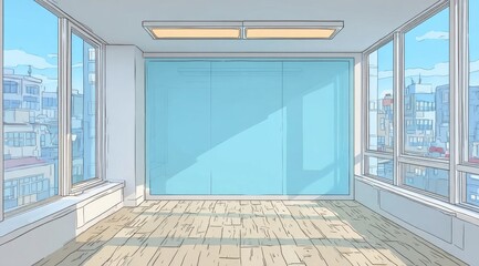 Sunlit empty room with large windows and city view