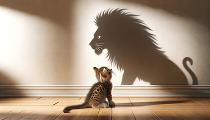 Motivational image of a small kitten casting a powerful lion shadow on a wall. Leadership posters, growth mindset designs, inspirational branding, self-belief visuals. Empowering marketing.