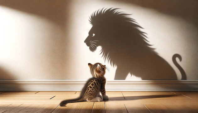Motivational image of a small kitten casting a powerful lion shadow on a wall. Leadership posters, growth mindset designs, inspirational branding, self-belief visuals. Empowering marketing.
