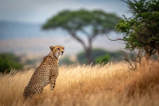 Majestic cheetah perched alertly in golden savannah grasslands under a vast sky - Powered by Adobe
