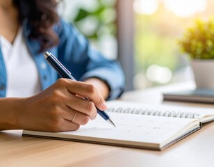 Closeup, businesswoman hand marking date on calendar planner for schedule arrangement and time management. Professional event organization concept.