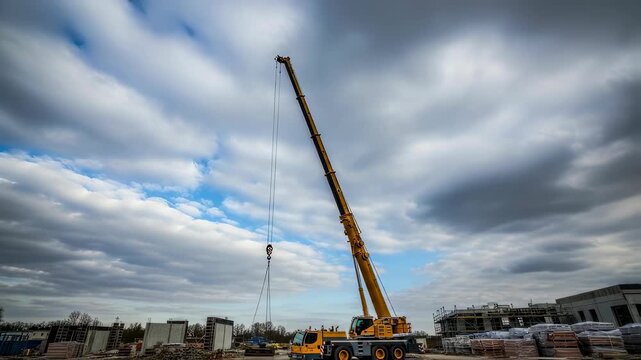Mobile crane lifting heavy materials on construction site under cloudy sky during day, building development footage.