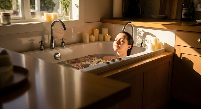 Young woman enjoying relaxing bath with candles and flower petals interior background