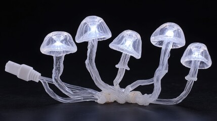 Illuminated, translucent mushroom-shaped figurines.