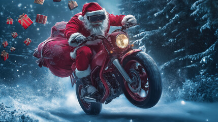 Biker Santa Claus rides a snow storm at night and delivers Christmas gifts, an unconventional Christmas concept 