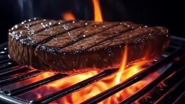 Sizzling steak grilling over open flames for summer BBQ, restaurant menu, and food photography
