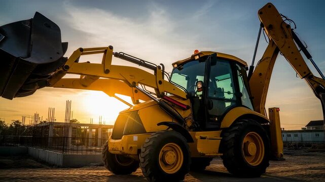 Heavy machinery backhoe loader at construction site raising and lowering bucket arm at sunset, footage
