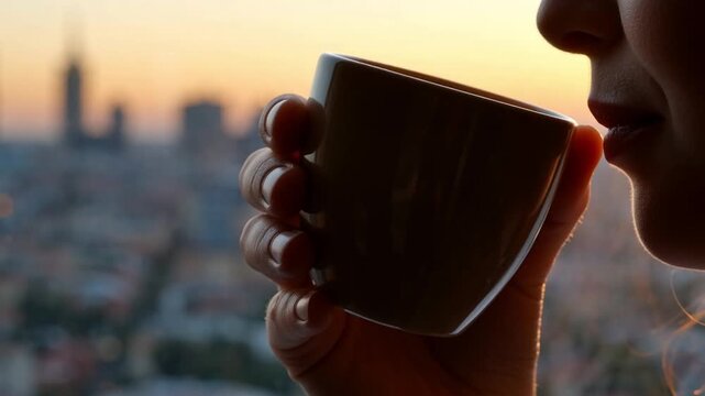 In the close-up, the man is holding a cup of coffee and sipping it, with the afterglow from the window reflected on his face.