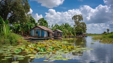 Obraz premium Waterside homes on a tranquil canal.