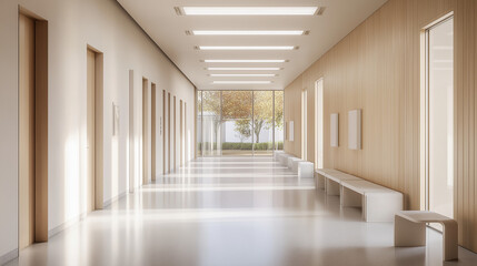Fototapeta premium Blurred background of a bright and modern hospital corridor featuring large windows, wooden floors, and comfortable seating, creating a welcoming environment for patients and visitors 