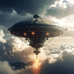 Fototapeta premium Futuristic UFO hovering above clouds