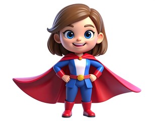 A cheerful, 3D-rendered girl superhero in a red cape and blue suit, confidently posed