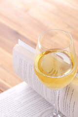 Glass of white wine with open book on table
