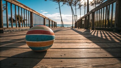 Colorful easter egg on wooden boardwalk leading to beach