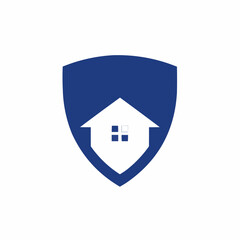 Obraz premium A white house with windows is centered within a dark blue shield shape on a white background.