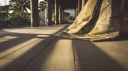 Kimono sleeve with dance patterns draped on a wooden veranda in golden sunset light.