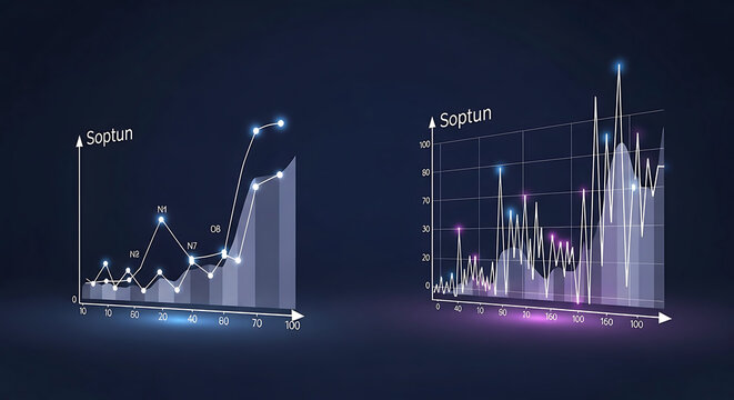 Futuristic 3D data visualization charts with glowing lines and bars against a dark blue background.