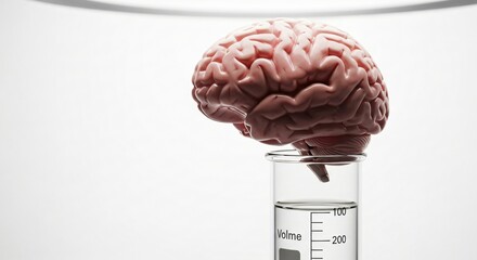 Human brain above test tube in laboratory. Artificial intelligence development concept, scientific research, innovation, knowledge.