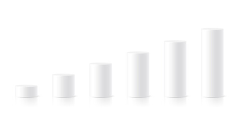 White cylindrical podiums in ascending height. Minimalist 3D columns for ranking, data visualization, infographics, or product display. Realistic vector illustration.